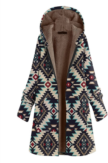 Navy Fleece Hooded Long Sleeves Printed Women Christmas Coat